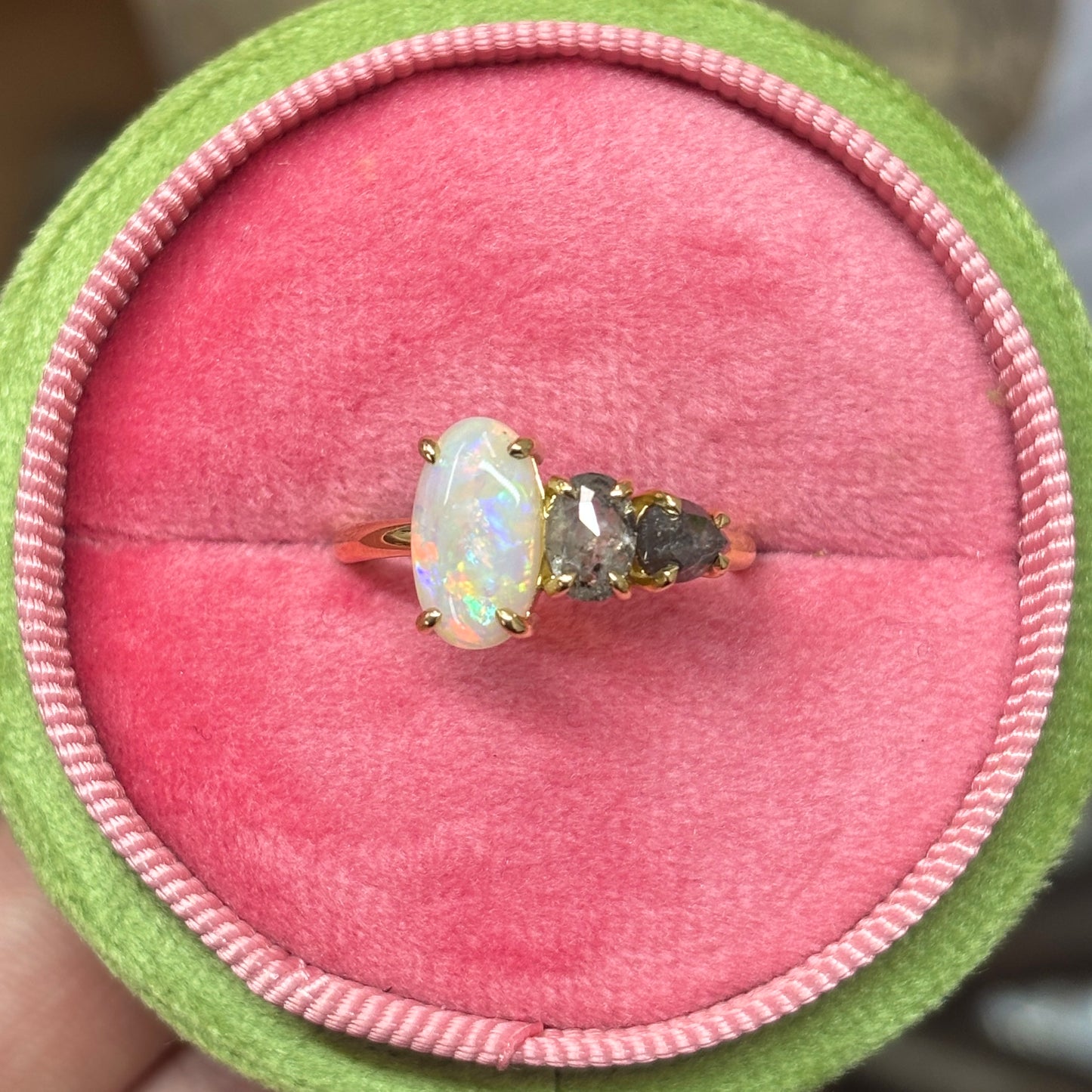 Opal And Diamond Right Splice Ring in 18ct Yellow Gold, Size O (In Stock)