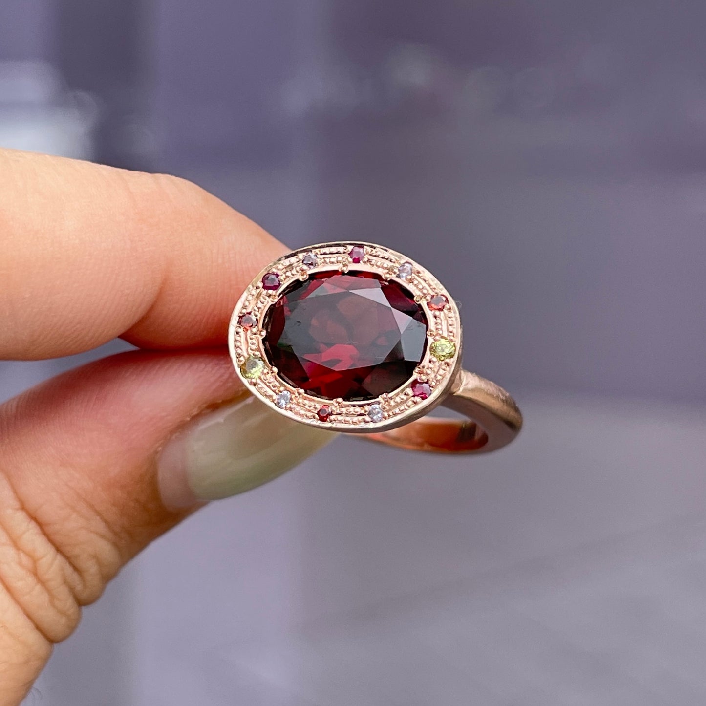 One-off Garnet Eclipse Ring in 9ct Rose Gold, Size R (In Stock).