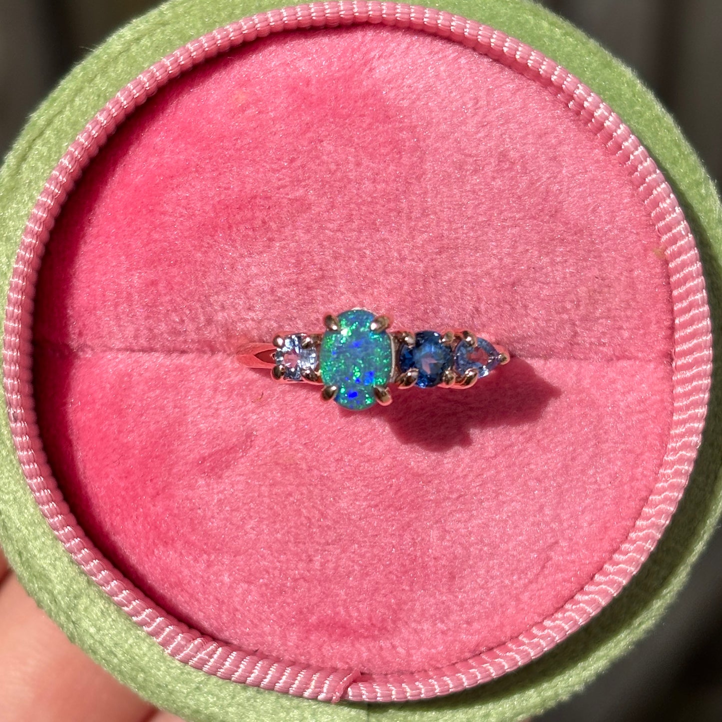 Shades of Blue Splice Ring in 14ct Rose Gold, Size M (In Stock)