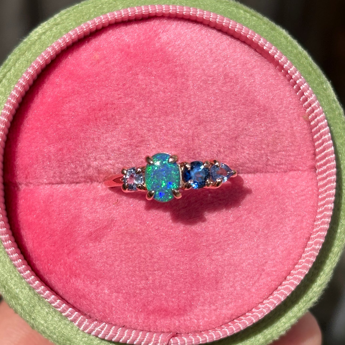 Shades of Blue Splice Ring in 14ct Rose Gold, Size M (In Stock)