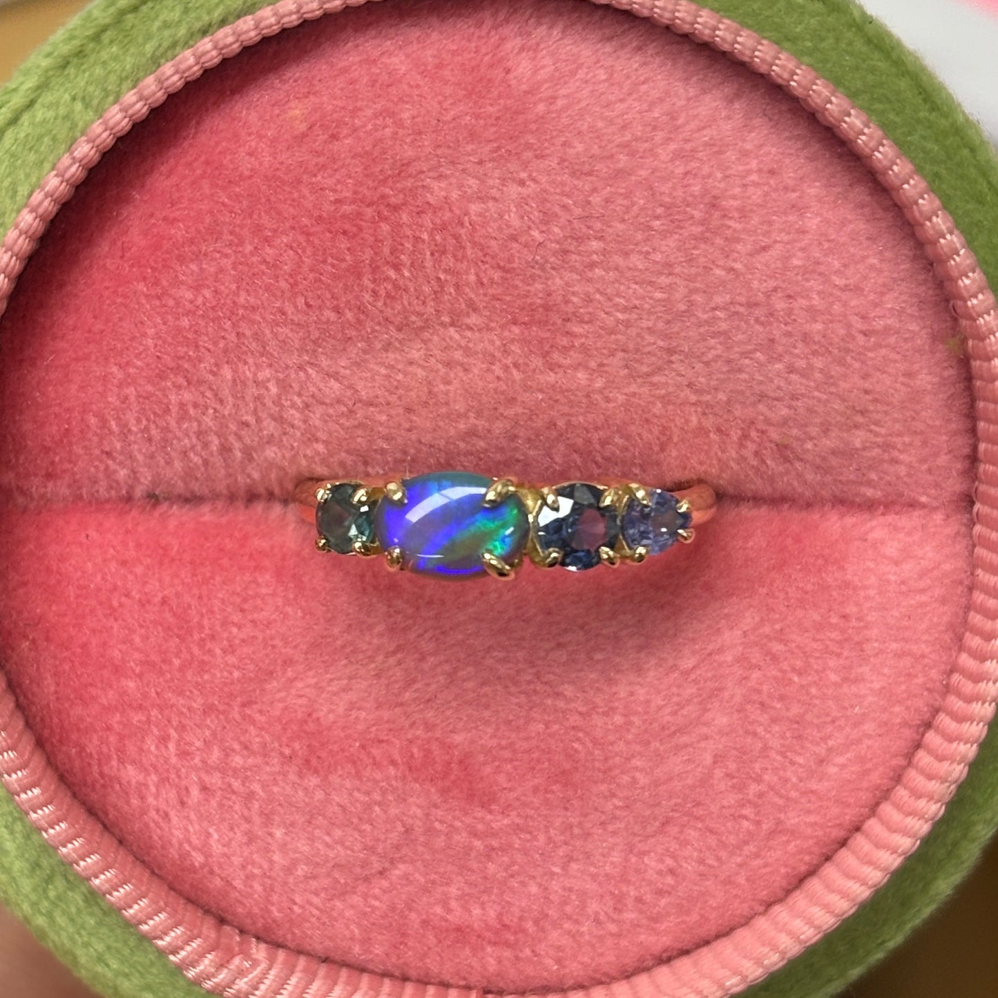 East West Black Opal Splice Ring in 9ct Yellow Gold, Size M (In Stock)