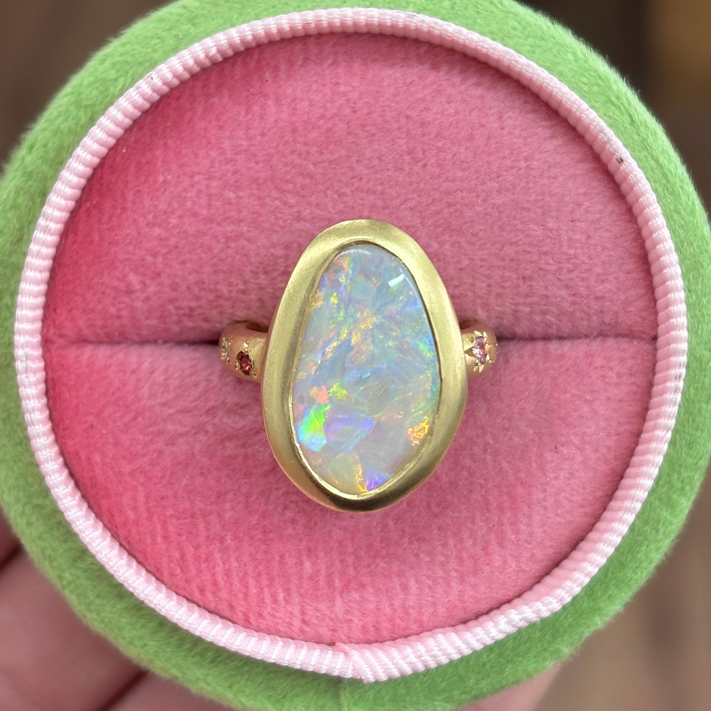 One-off Grey Crystal Opal Ring in 18ct Yellow Gold, Size M (In Stock)