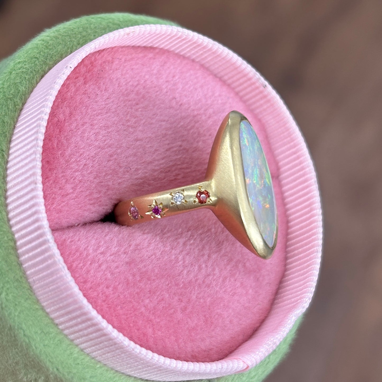 One-off Grey Crystal Opal Ring in 18ct Yellow Gold, Size M (In Stock)