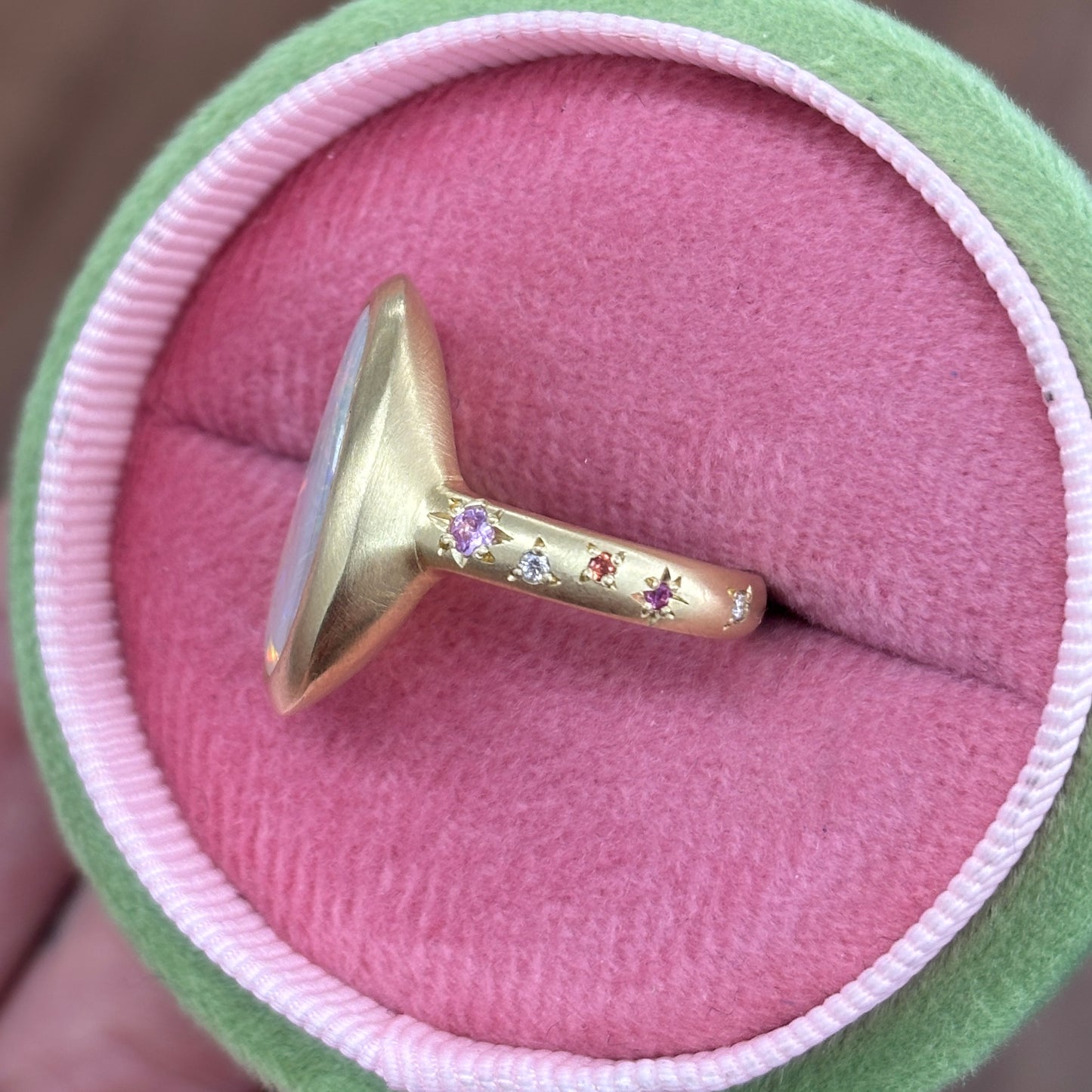 One-off Grey Crystal Opal Ring in 18ct Yellow Gold, Size M (In Stock)