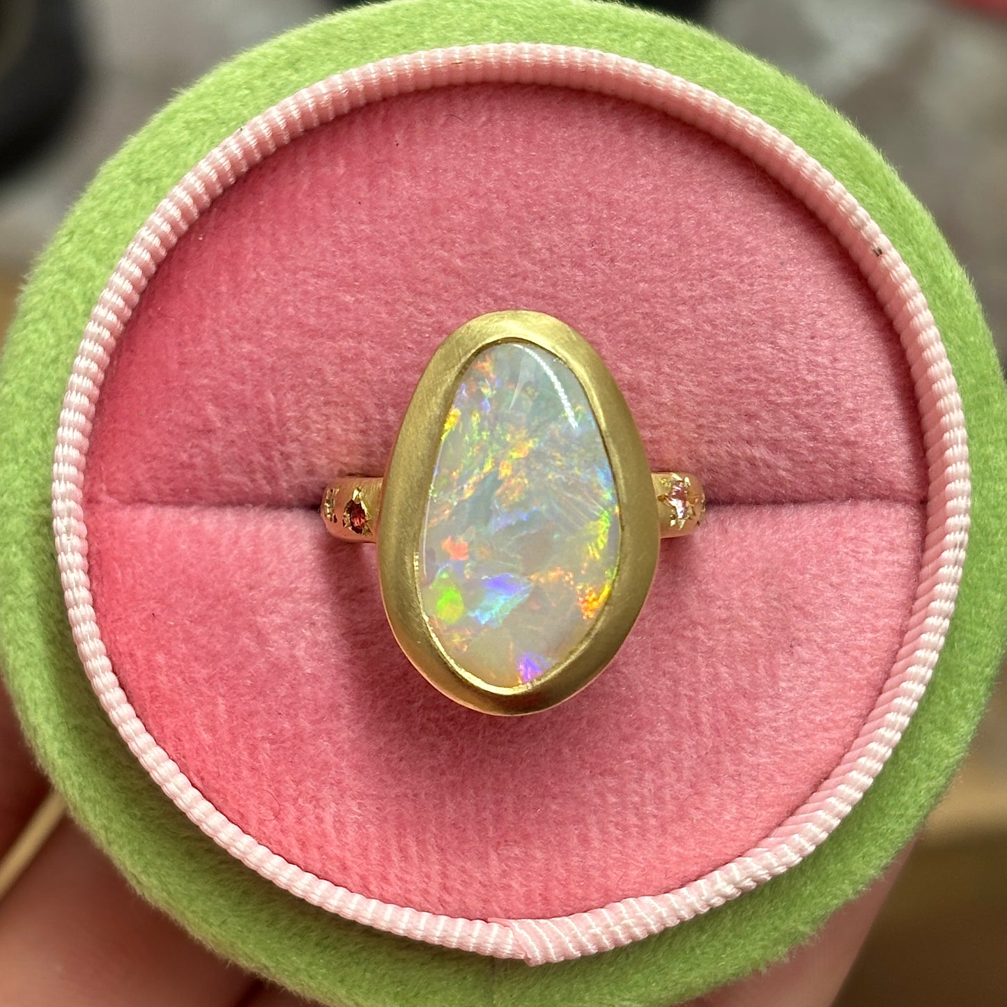 One-off Grey Crystal Opal Ring in 18ct Yellow Gold, Size M (In Stock)