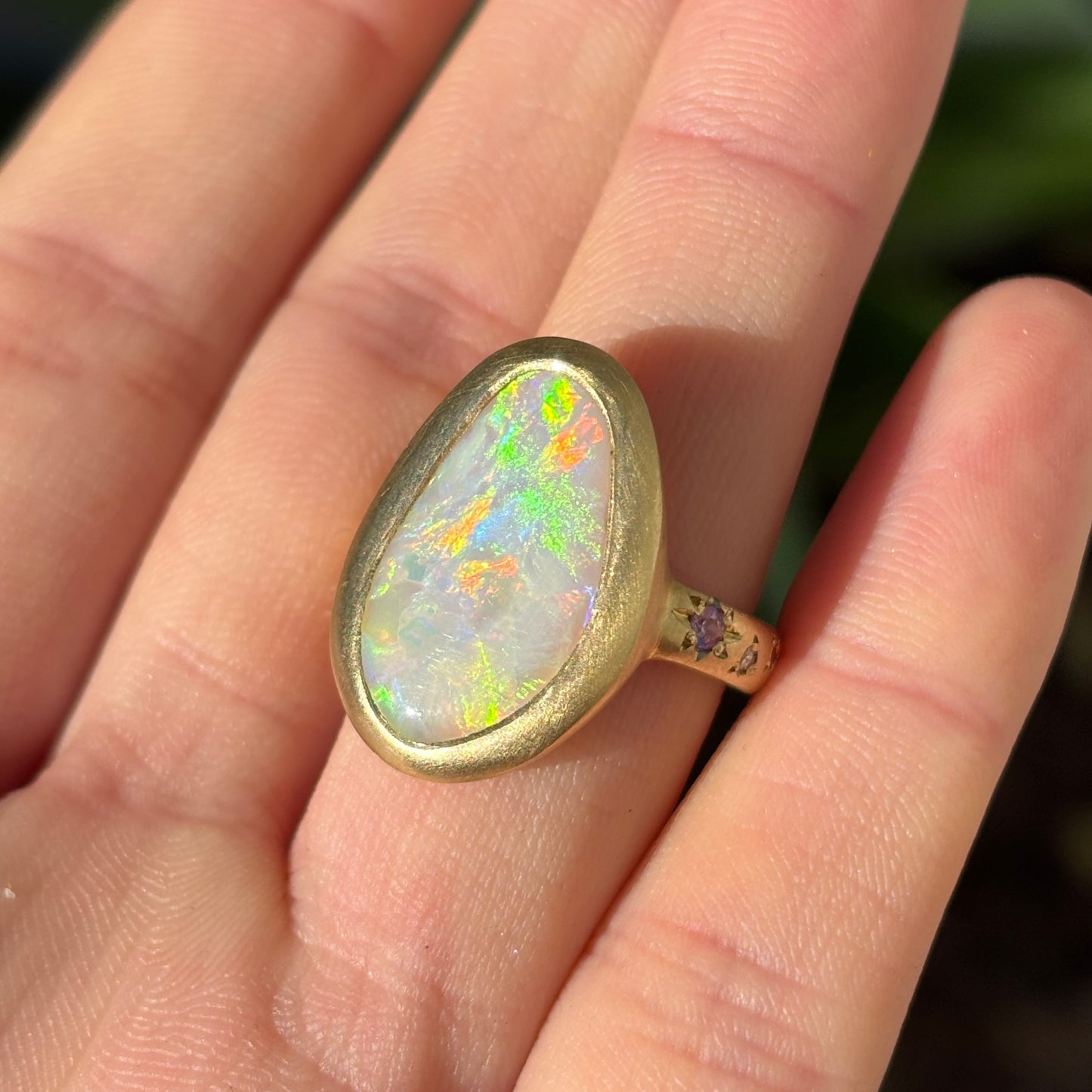 One-off Grey Crystal Opal Ring in 18ct Yellow Gold, Size M (In Stock)
