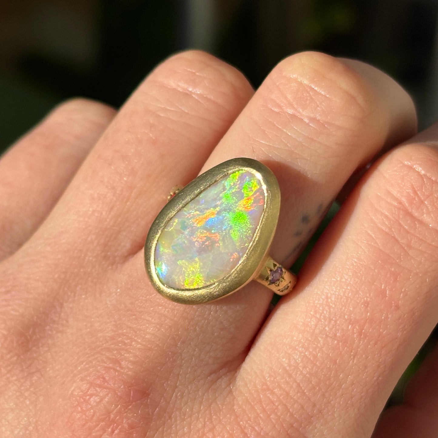One-off Grey Crystal Opal Ring in 18ct Yellow Gold, Size M (In Stock)