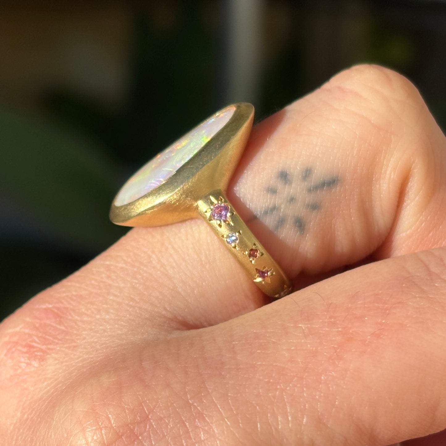 One-off Grey Crystal Opal Ring in 18ct Yellow Gold, Size M (In Stock)