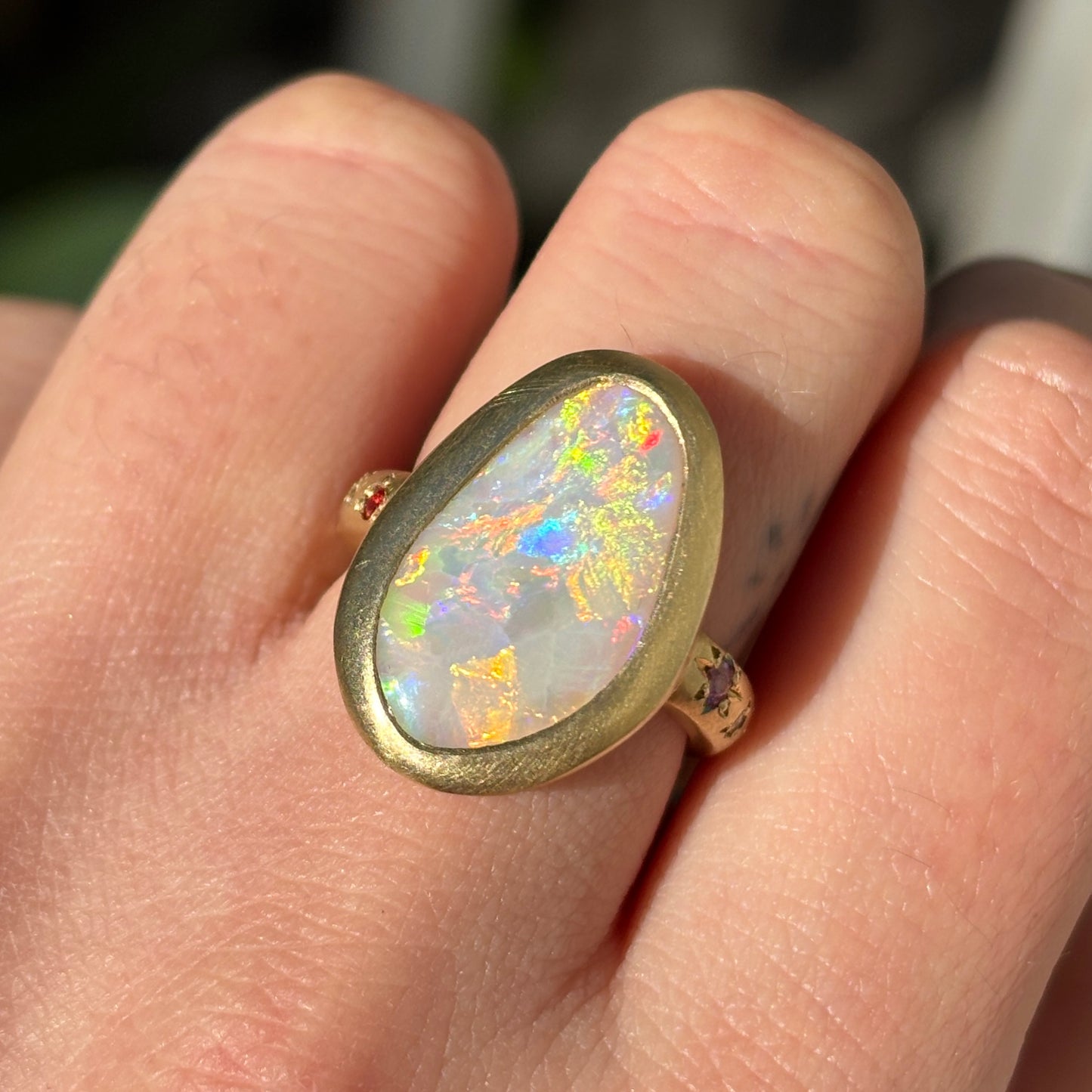 One-off Grey Crystal Opal Ring in 18ct Yellow Gold, Size M (In Stock)