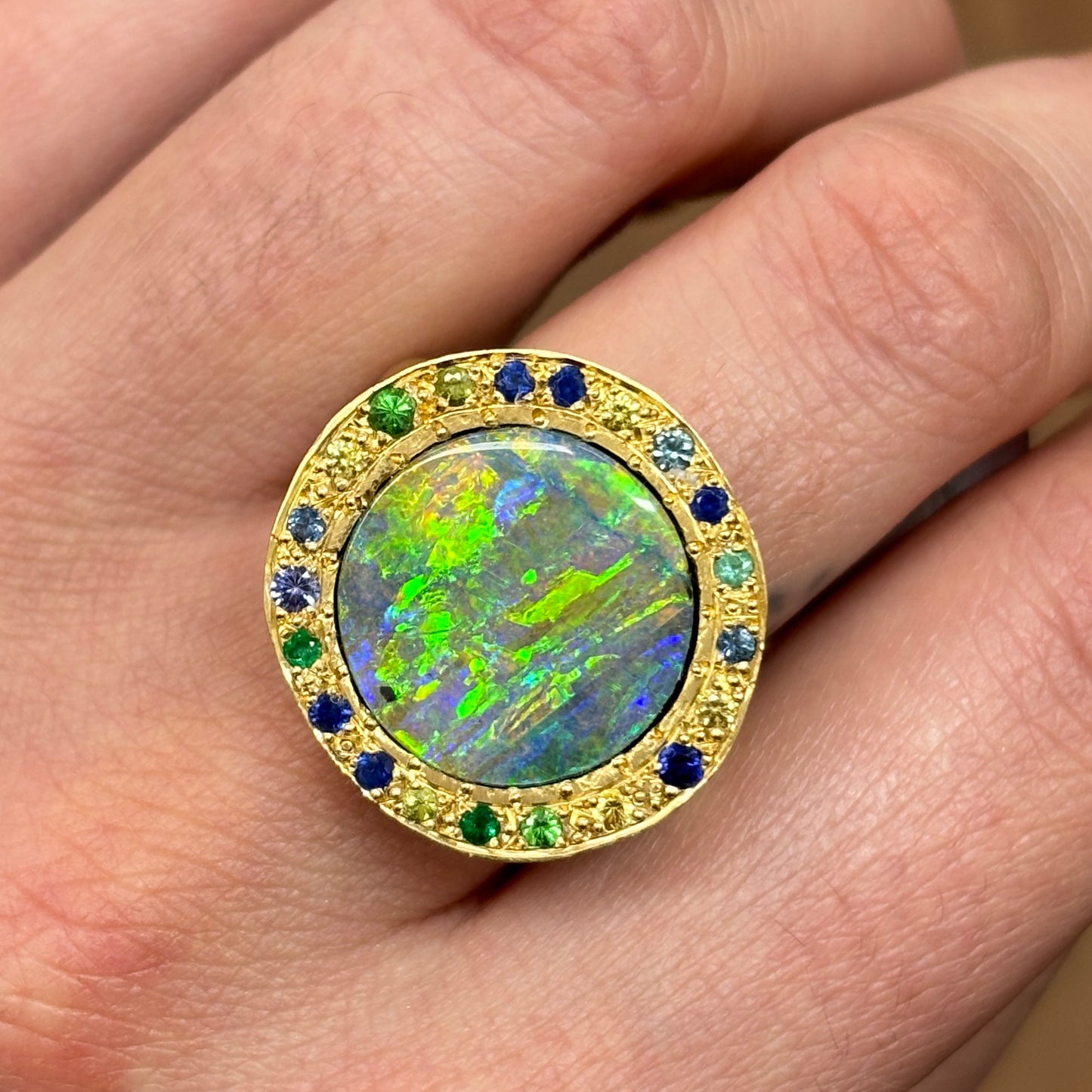 Boulder Opal Eclipse Ring In 18ct Yellow Gold, Size N and a half (In Stock)