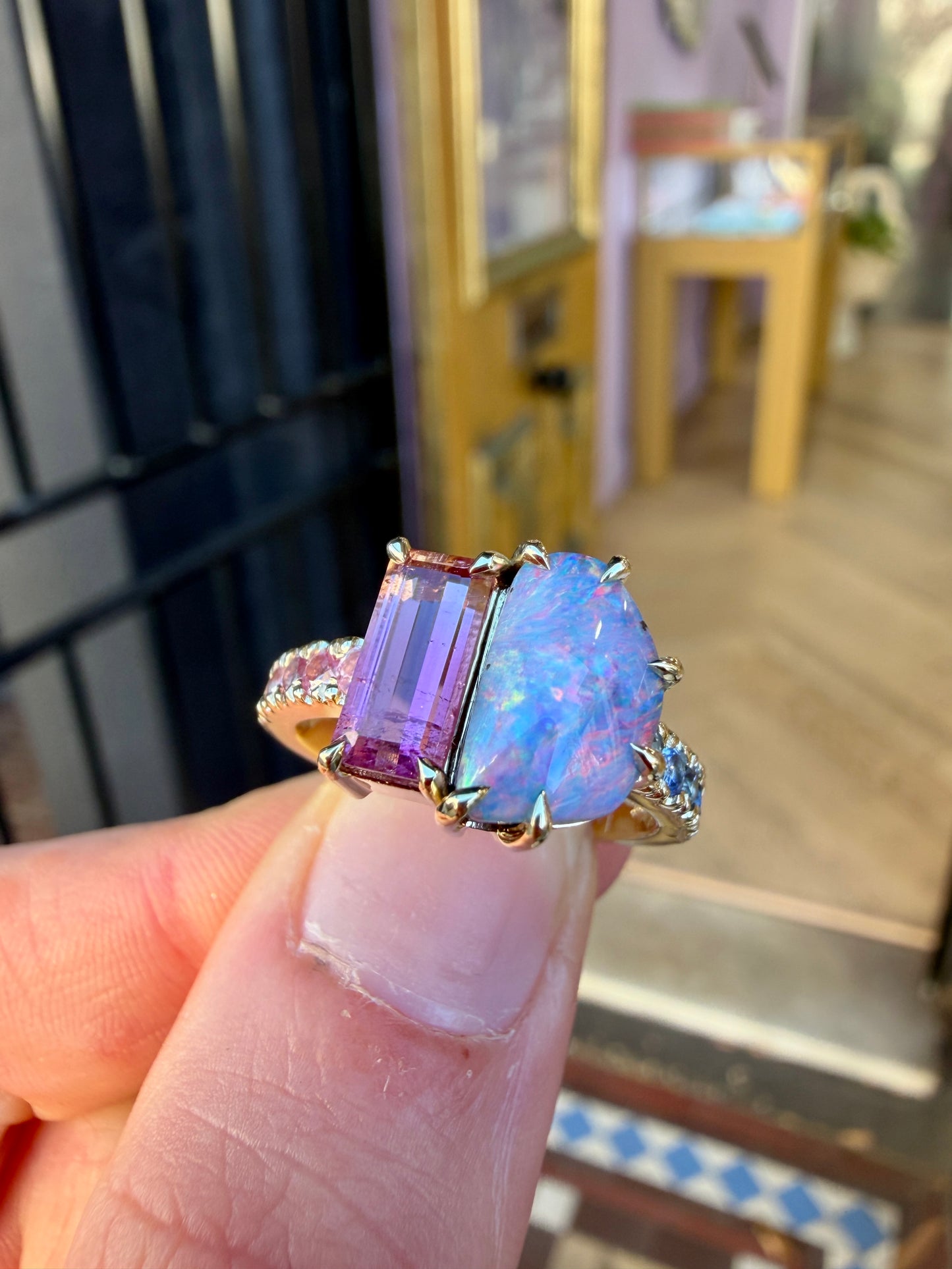 One-off Bi-colour Pink Tourmaline and Boulder Opal Twin Ring in 18ct Yellow Gold, Size O (In Stock)