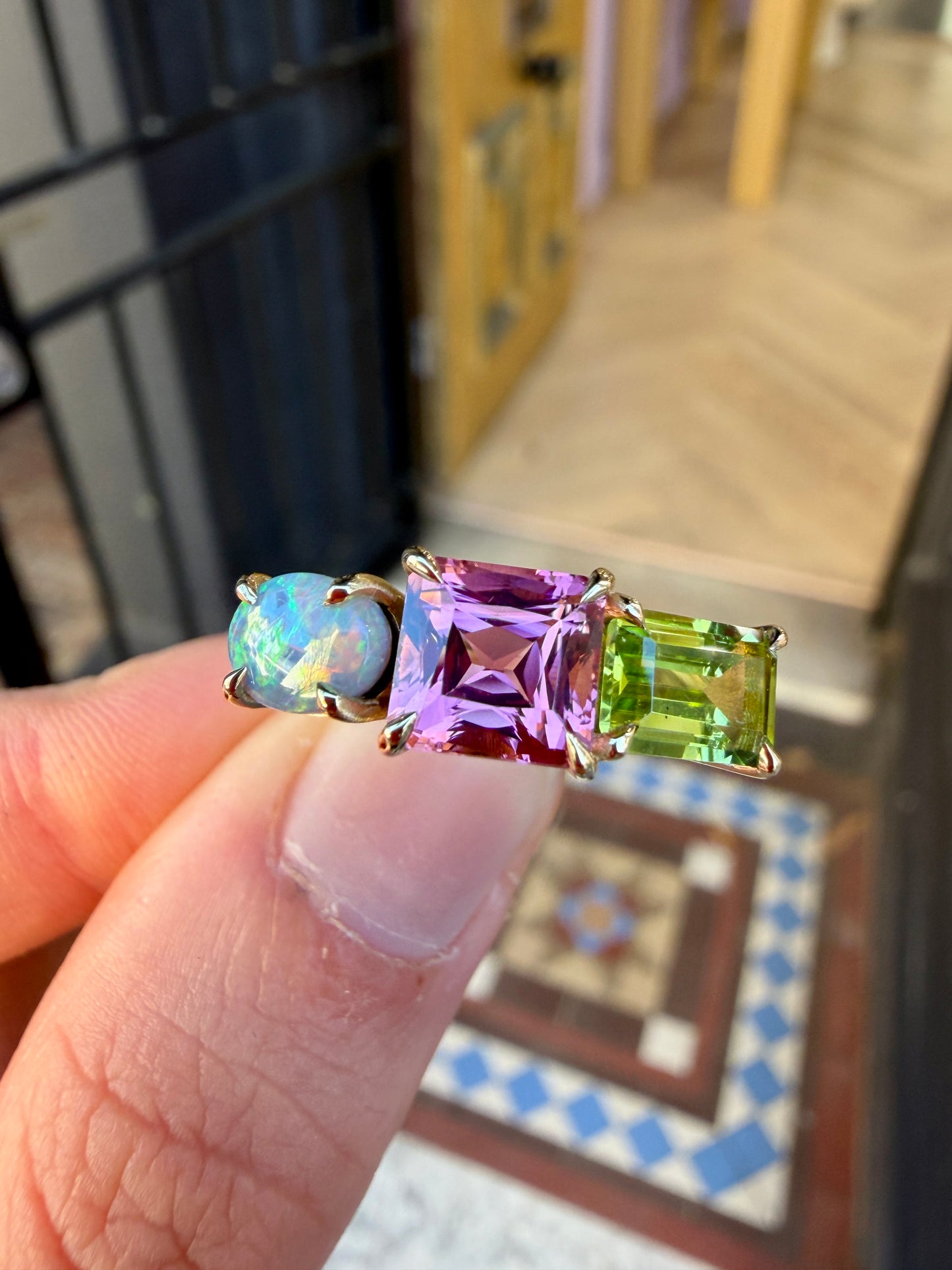 One-off Black Opal, Tourmaline And Peridot Splice Ring in 18ct Yellow Gold, Size P (In Stock)