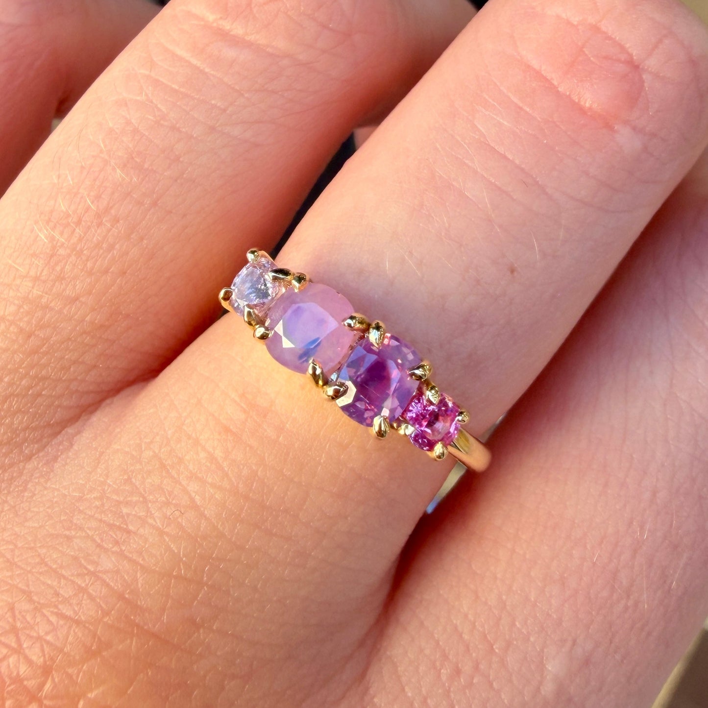 One-off Milky Pink Sapphire Splice Ring in 18ct Yellow Gold, Size M (In Stock)