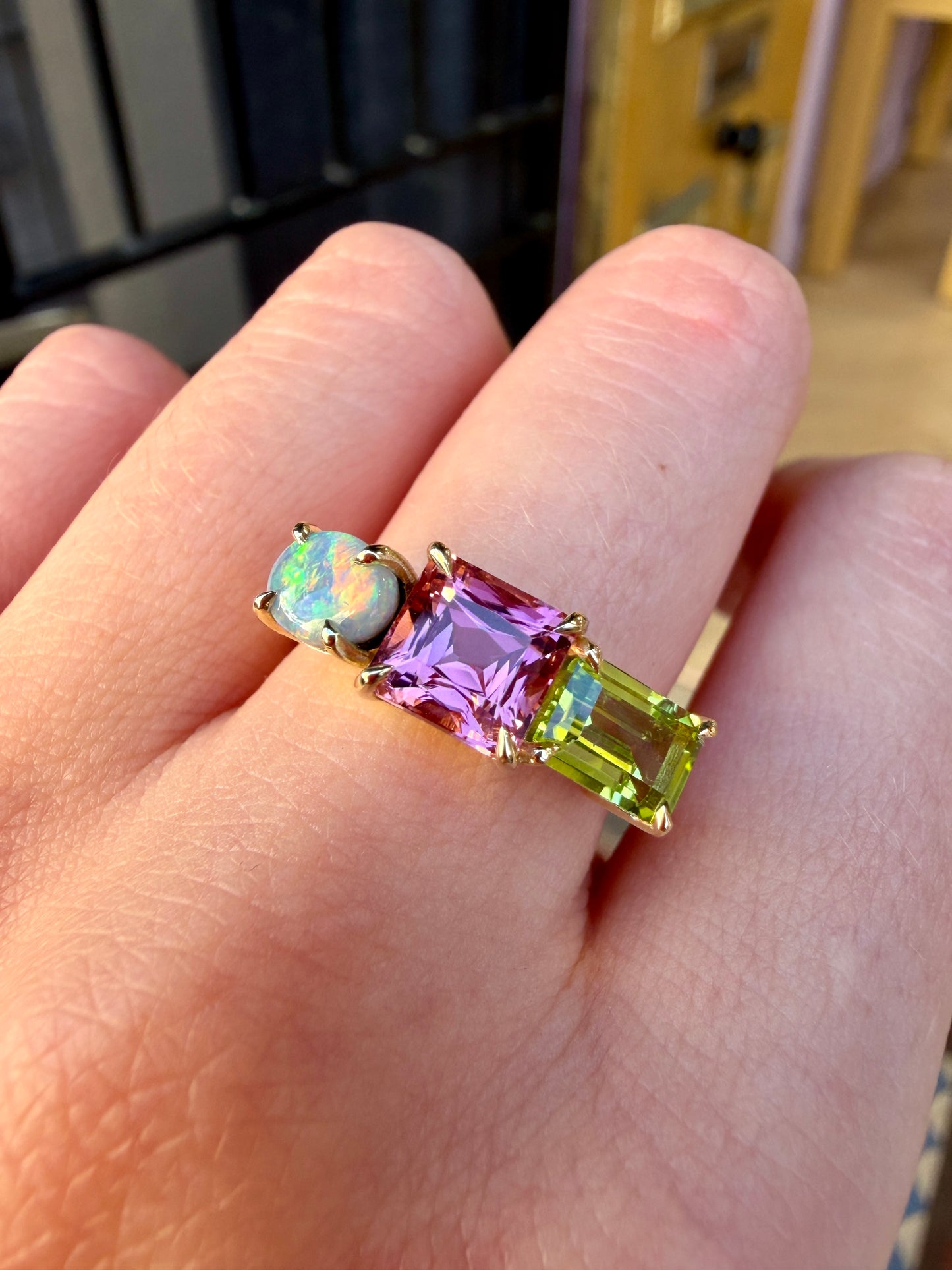 One-off Black Opal, Tourmaline And Peridot Splice Ring in 18ct Yellow Gold, Size P (In Stock)