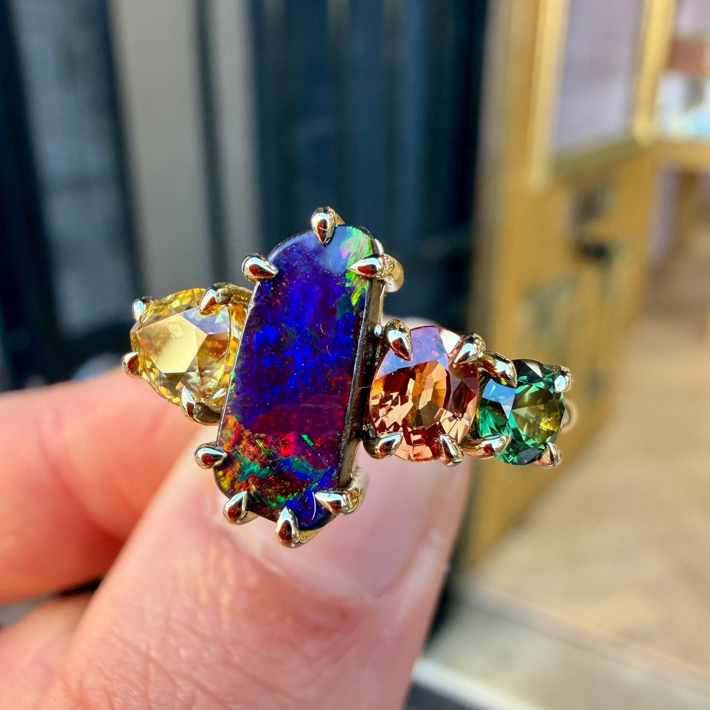 One-off Boulder Opal And Sapphire Splice Ring In 18ct Yellow Gold, Size P and a half (In Stock)