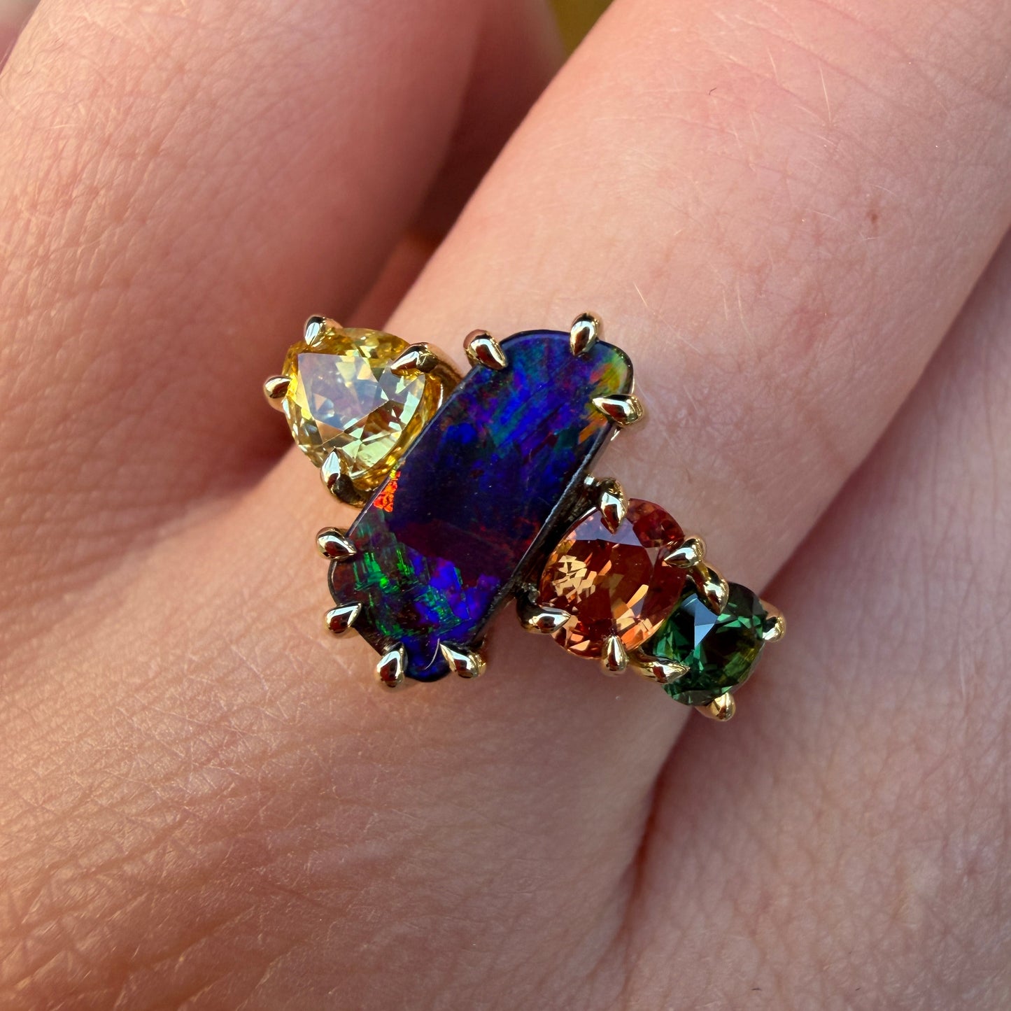 One-off Boulder Opal And Sapphire Splice Ring In 18ct Yellow Gold, Size P and a half (In Stock)