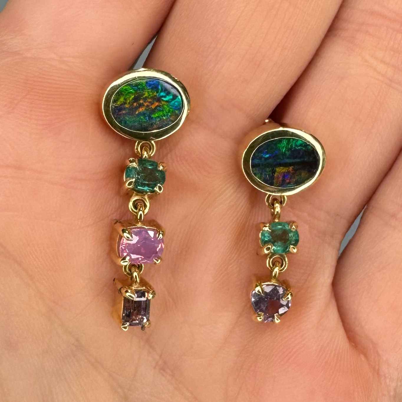 One-off Boulder Opal, Emerald, Milky Sapphire And Spinel Earrings in 18ct Yellow Gold (In Stock)