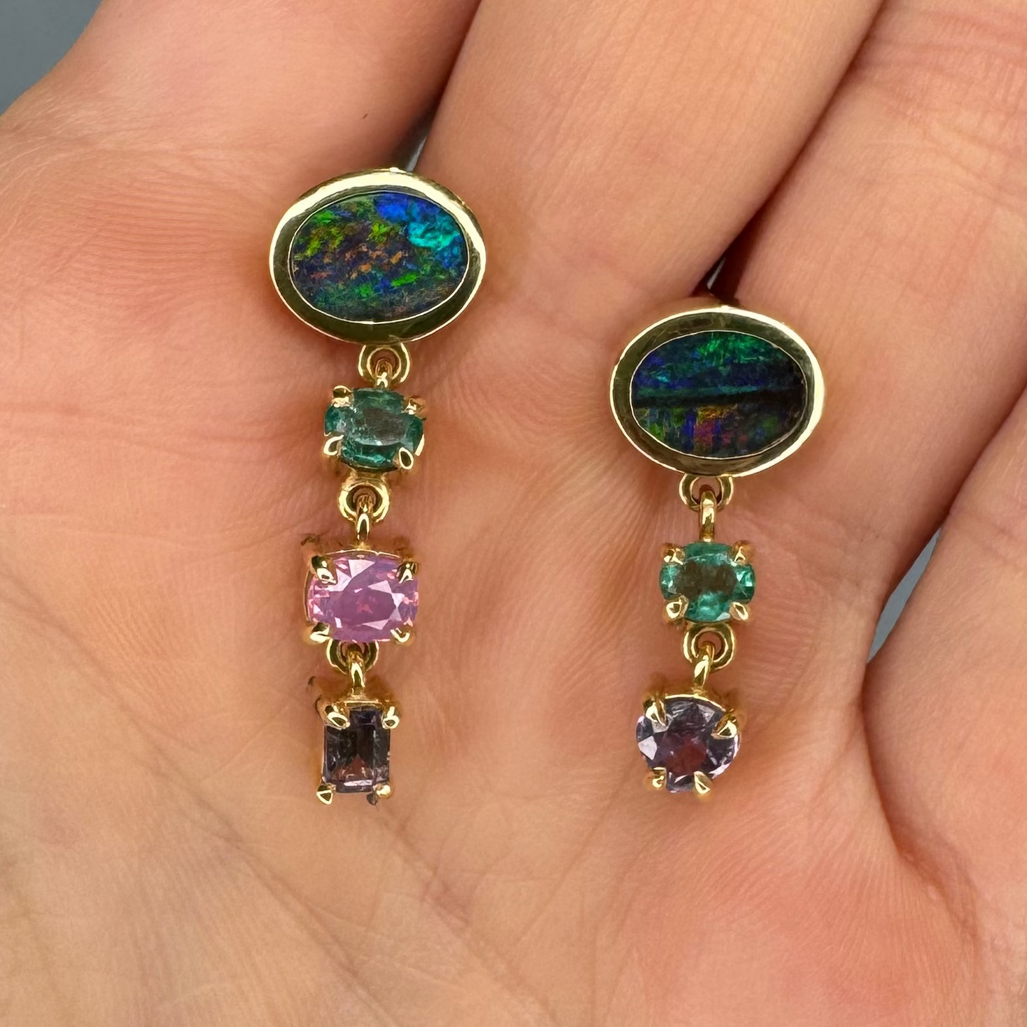 One-off Boulder Opal, Emerald, Milky Sapphire And Spinel Earrings in 18ct Yellow Gold (In Stock)
