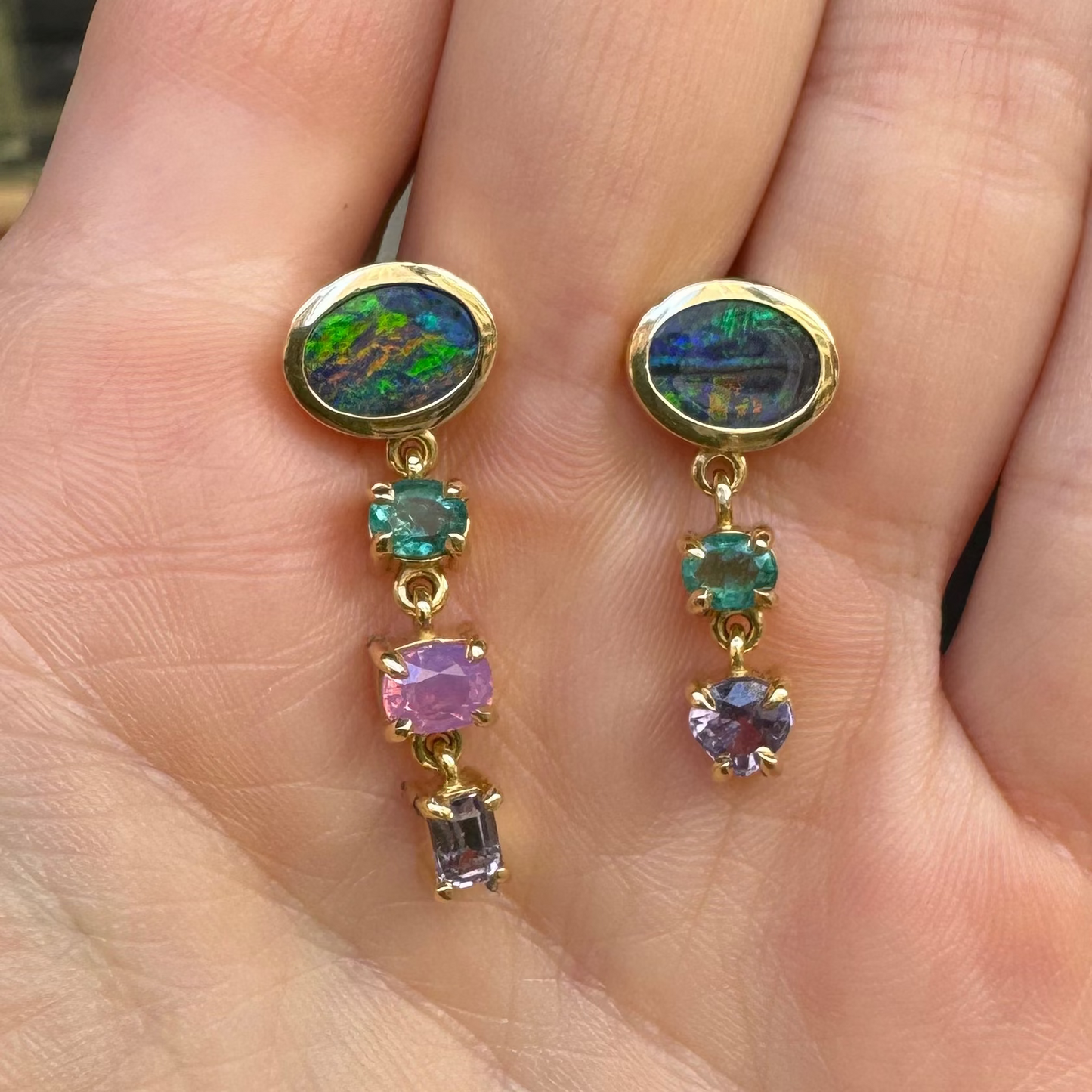 One-off Boulder Opal, Emerald, Milky Sapphire And Spinel Earrings in 18ct Yellow Gold (In Stock)
