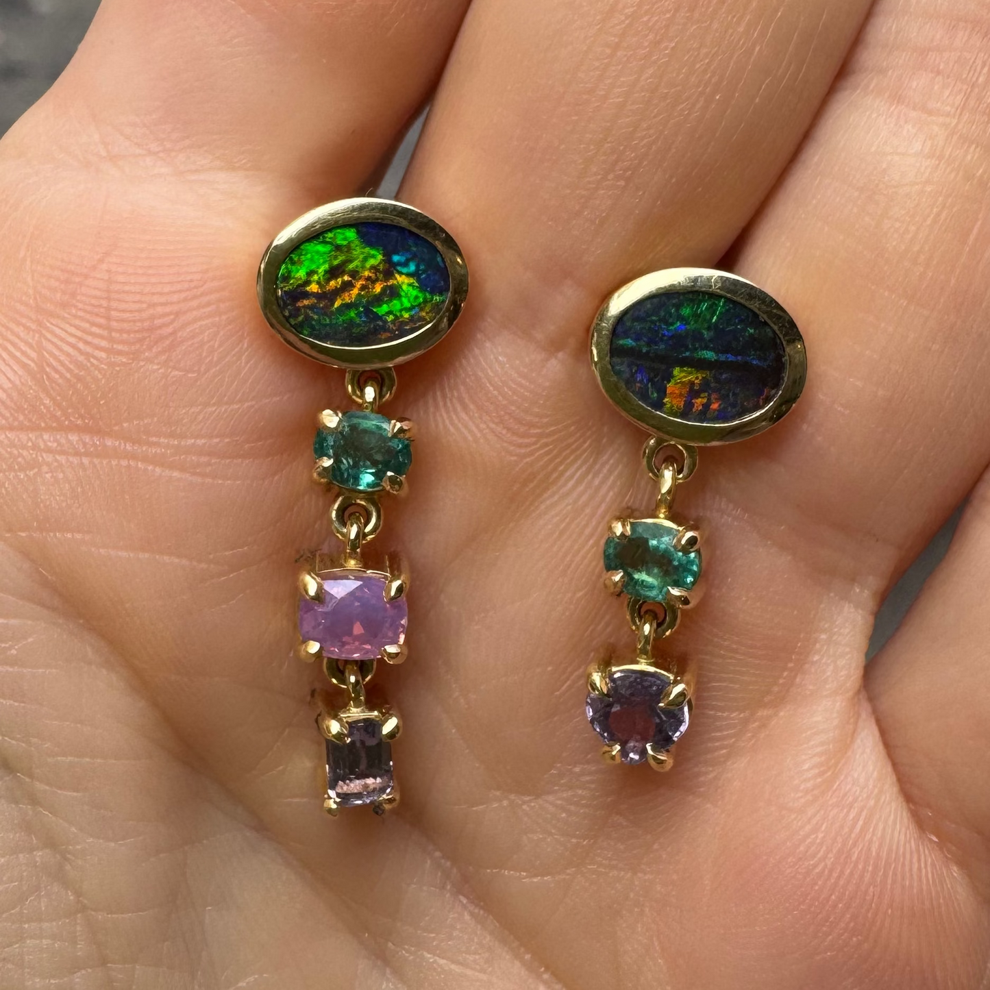 One-off Boulder Opal, Emerald, Milky Sapphire And Spinel Earrings in 18ct Yellow Gold (In Stock)