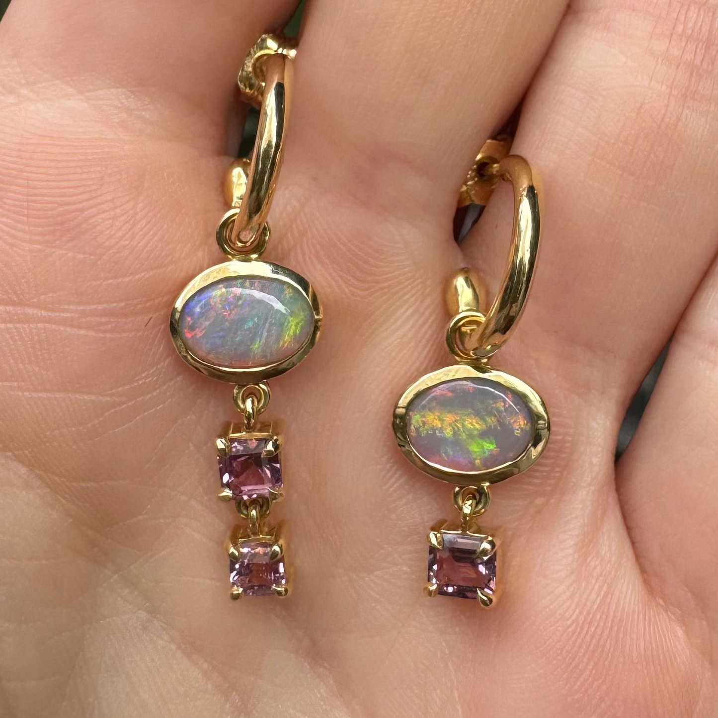 One-off Semi Black Opal And Sapphire Charm Earrings in 18ct Yellow Gold (In Stock)