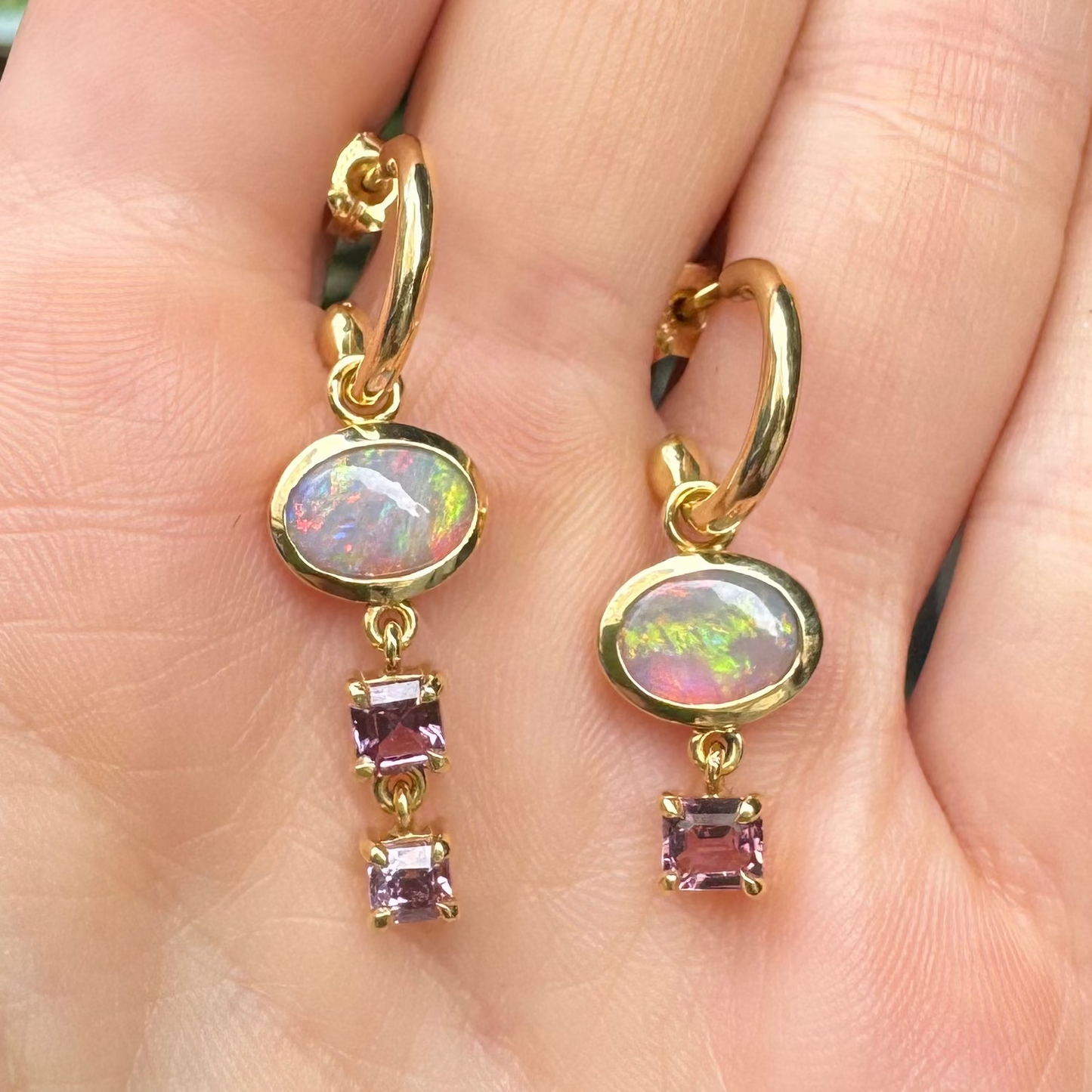 One-off Semi Black Opal And Sapphire Charm Earrings in 18ct Yellow Gold (In Stock)