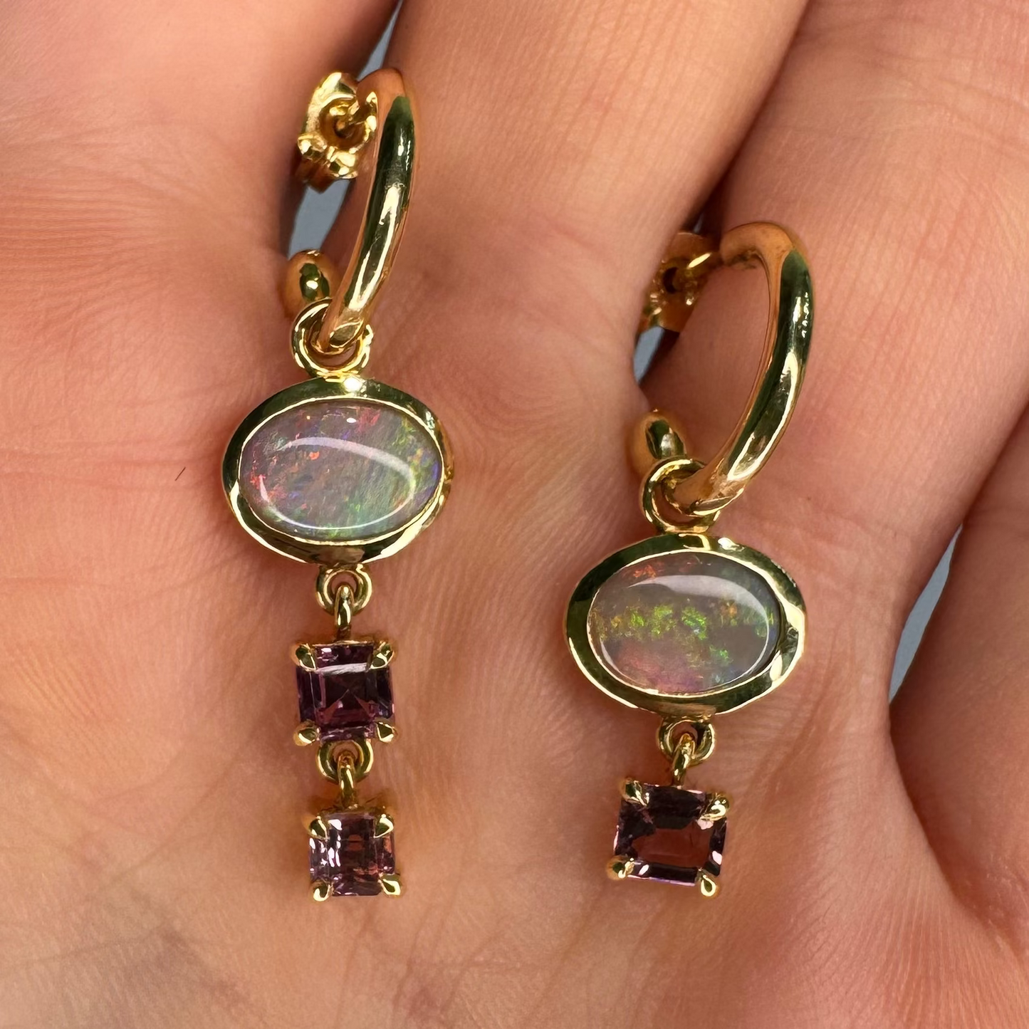 One-off Semi Black Opal And Sapphire Charm Earrings in 18ct Yellow Gold (In Stock)