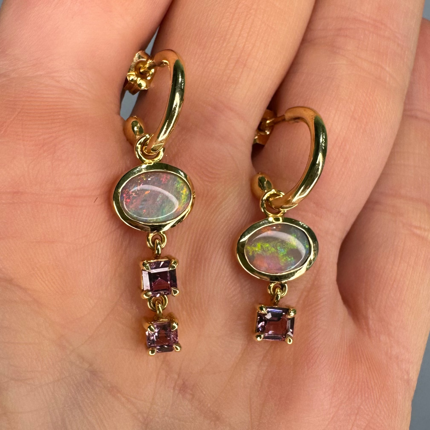 One-off Semi Black Opal And Sapphire Charm Earrings in 18ct Yellow Gold (In Stock)