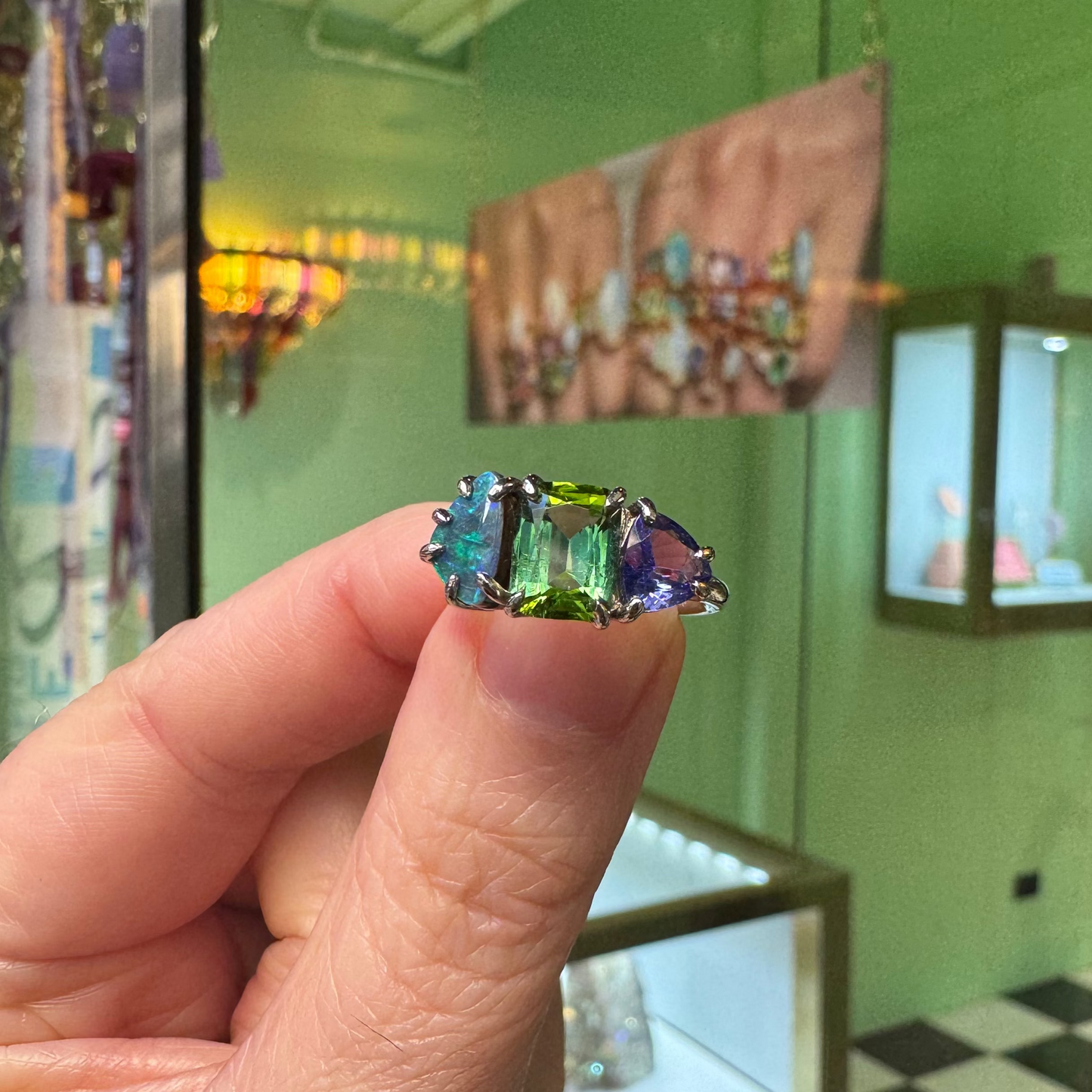 One-off Boulder Opal, Green Tourmaline And Tanzanite Splice Ring In 18ct White Gold, Size M (In Stock)