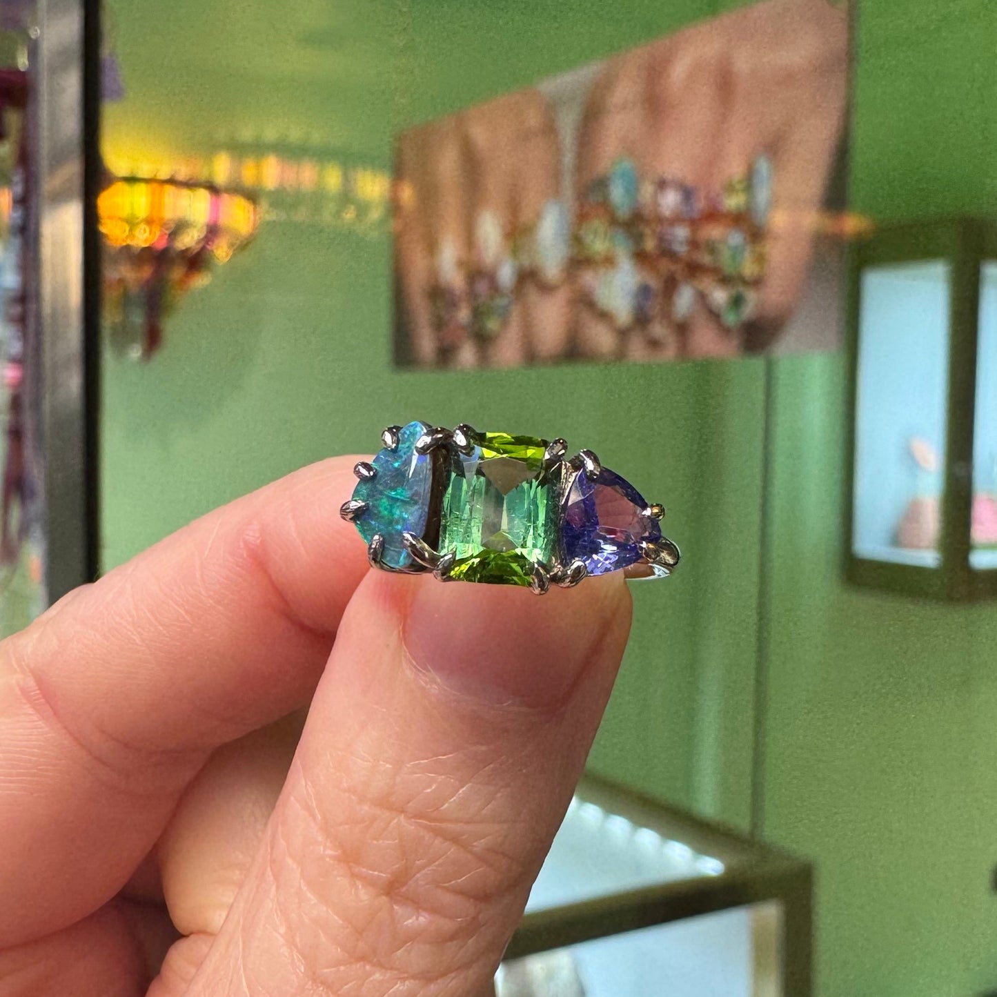 One-off Boulder Opal, Green Tourmaline And Tanzanite Splice Ring In 18ct White Gold, Size M (In Stock)