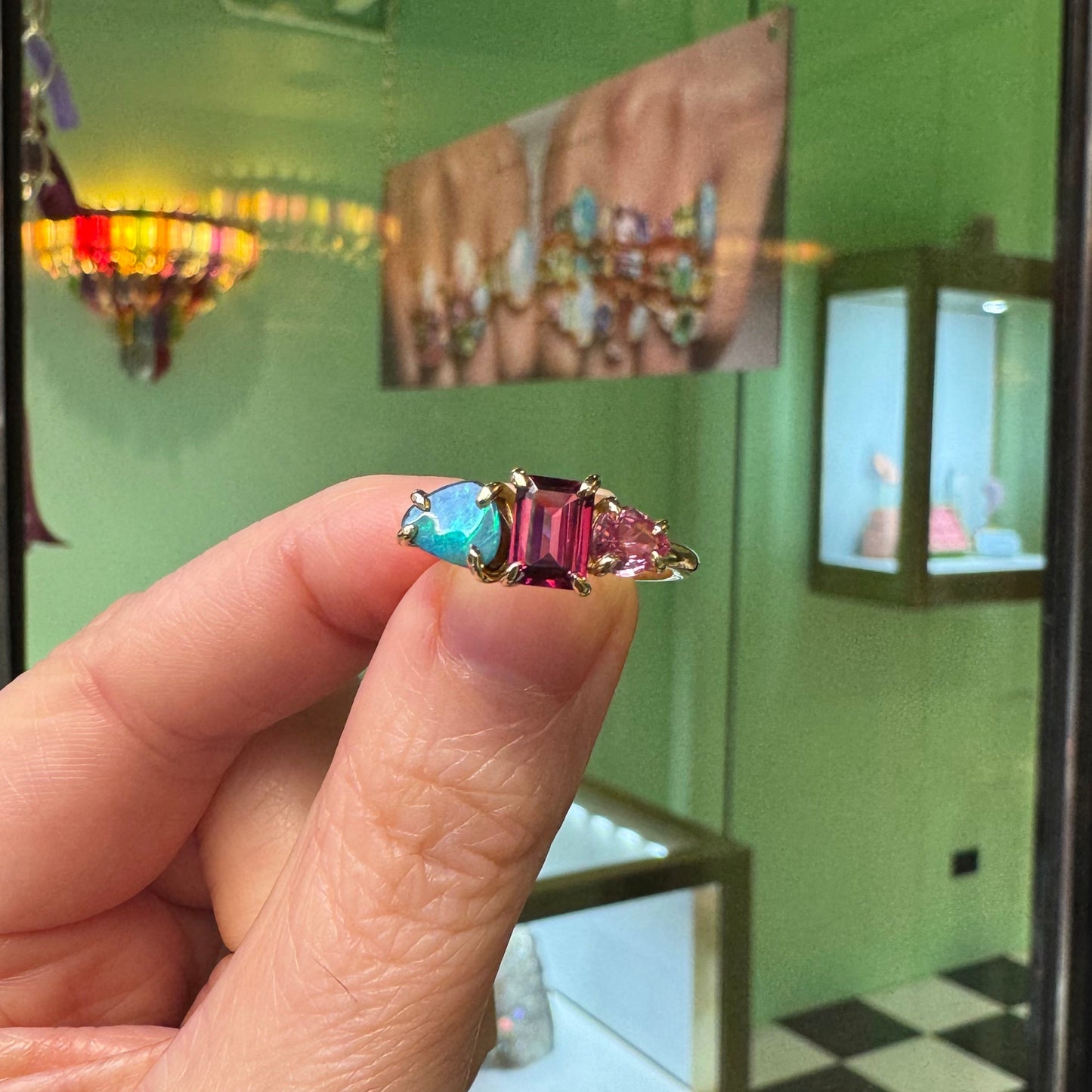 One-off Boulder Opal, Rhodolite Garnet and Pink Sapphire Splice Ring In 18ct Yellow Gold, Size O (In Stock)
