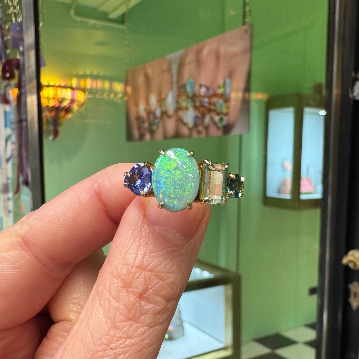 One-off Boulder Opal, Tanzanite, Green Tourmaline And Sapphire Splice Ring In 18ct Yellow Gold, Size Q (In Stock)