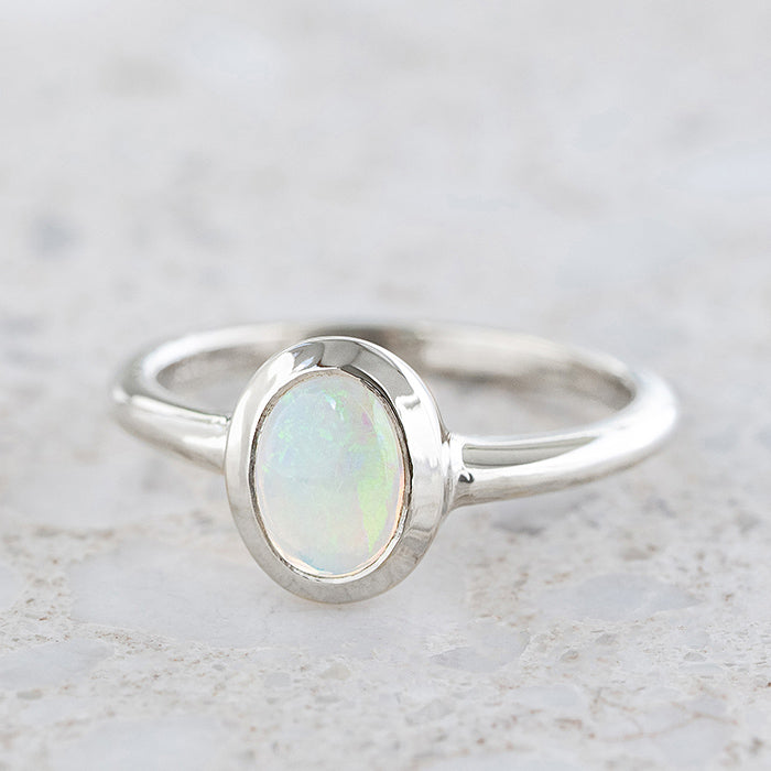 Mini Opal Lozenge Ring in 9ct White Gold, Size P (In Stock)
