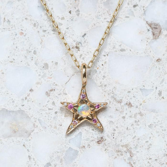 Opal and Pink Sapphire Wonky Star Necklace in 14ct Yellow Gold (In Stock)