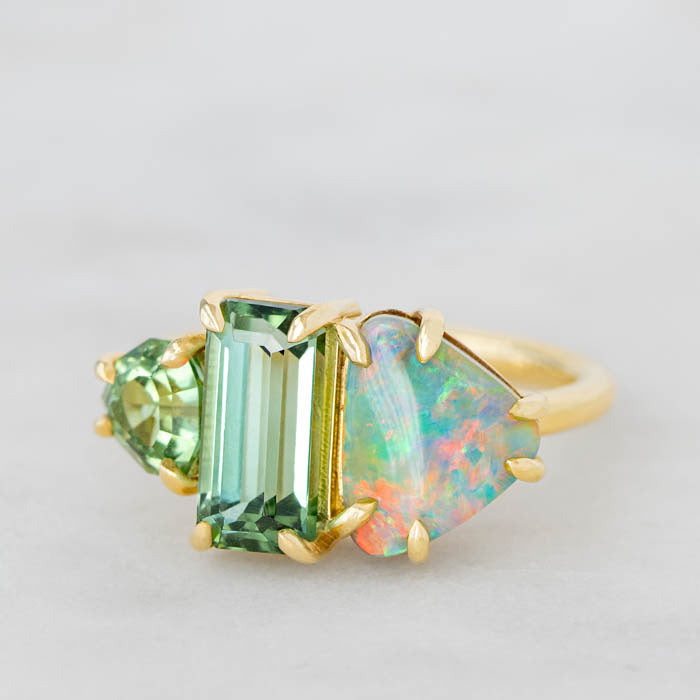 One-off Boulder Opal and Green Tourmaline Splice Ring in 18ct Yellow Gold, Size M (In Stock)