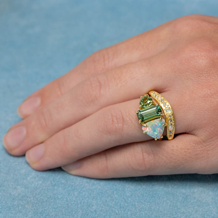 One-off Boulder Opal and Green Tourmaline Splice Ring in 18ct Yellow Gold, Size M (In Stock)