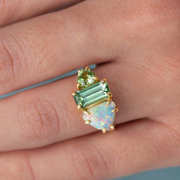 One-off Boulder Opal and Green Tourmaline Splice Ring in 18ct Yellow Gold, Size M (In Stock)