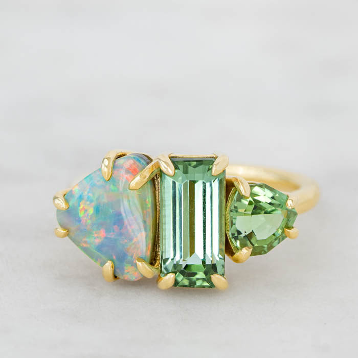 One-off Boulder Opal and Green Tourmaline Splice Ring in 18ct Yellow Gold, Size M (In Stock)
