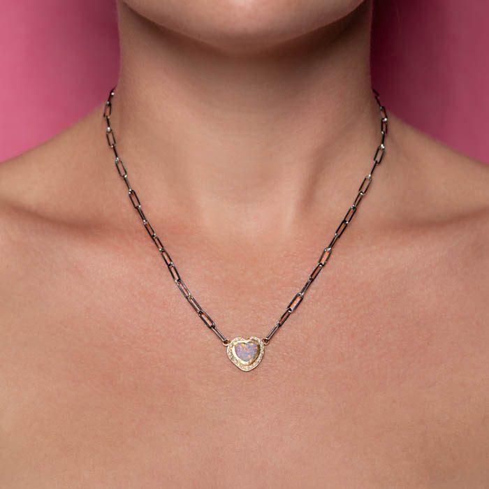 One-off Black Opal and Diamond Heart Pendant in 14ct Yellow Gold and Silver (In Stock)