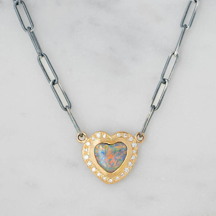 One-off Black Opal and Diamond Heart Pendant in 14ct Yellow Gold and Silver (In Stock)