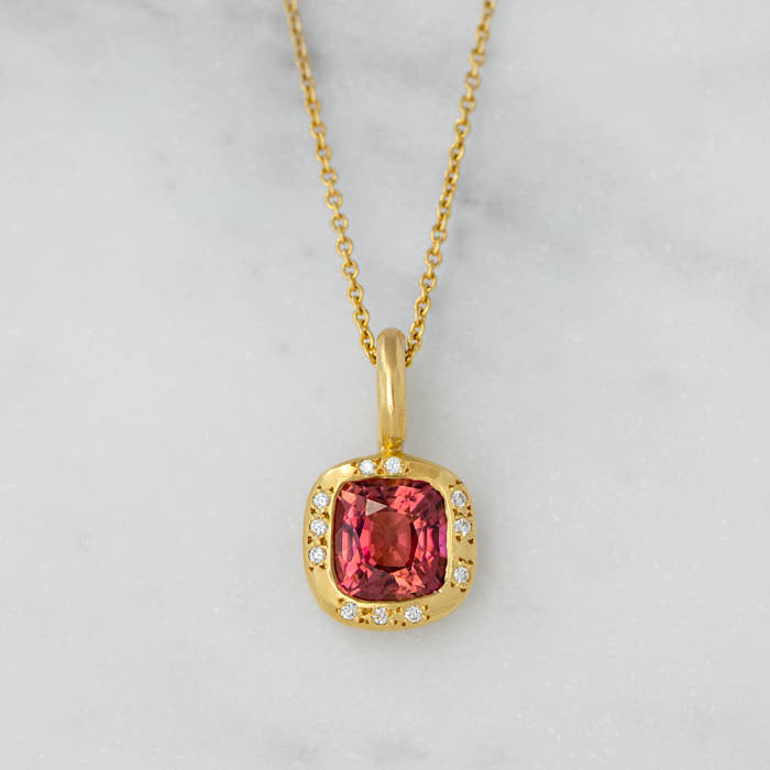 One-off Pink Tourmaline and Diamond Pendant in 18ct Yellow Gold (In Stock)