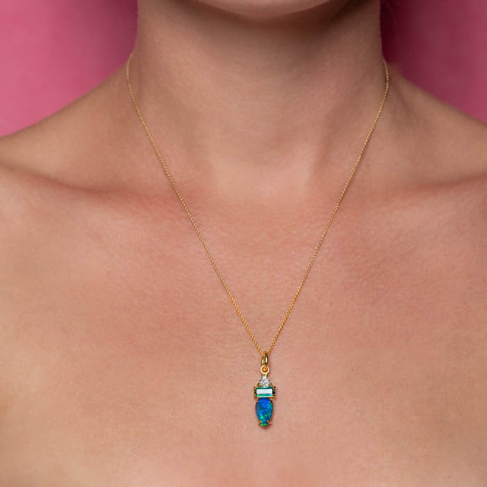 One-off Salt and Pepper Diamond, Black Opal and Tourmaline Creatures Pendant in 18ct Yellow Gold (In Stock)