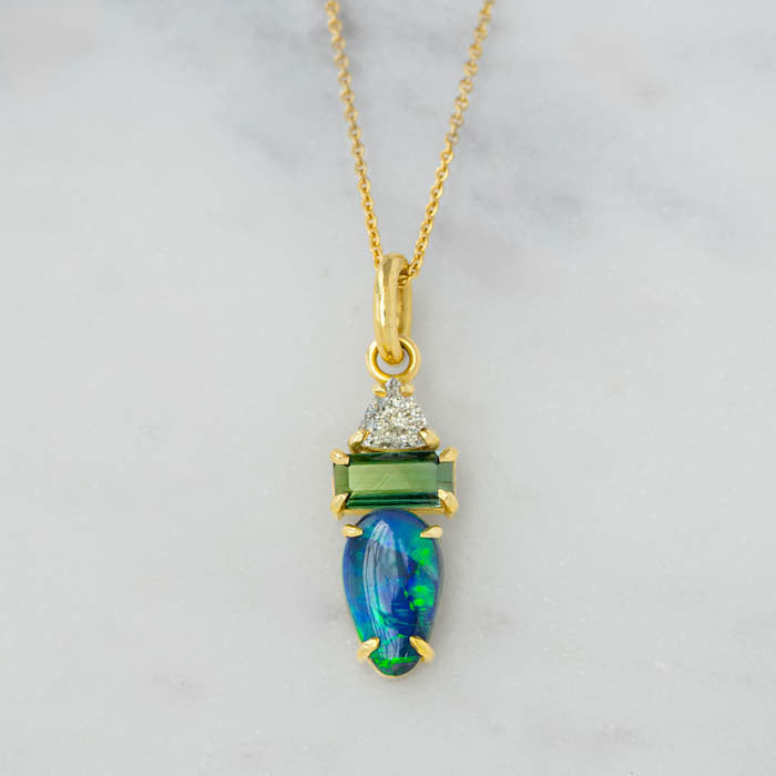 One-off Salt and Pepper Diamond, Black Opal and Tourmaline Creatures Pendant in 18ct Yellow Gold (In Stock)