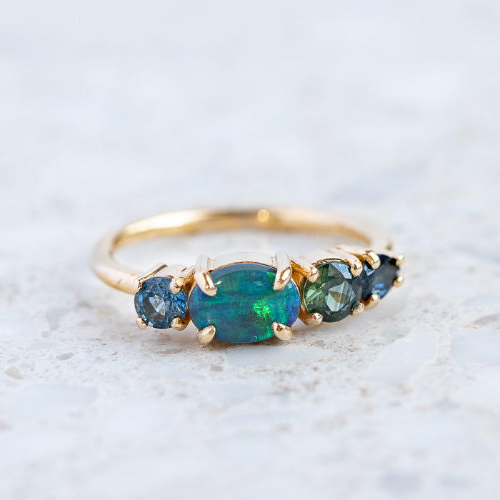 Load image into Gallery viewer, East West Opal Splice Ring in 14ct Yellow Gold, Size T and a half (In Stock)
