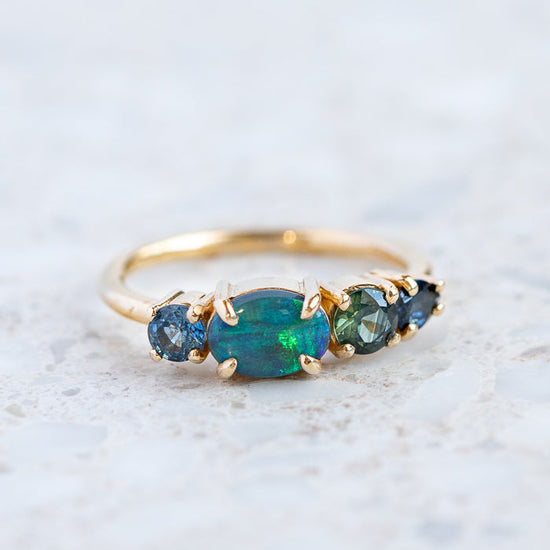 East West Opal Splice Ring In 14ct Yellow Gold, Size O (In Stock)