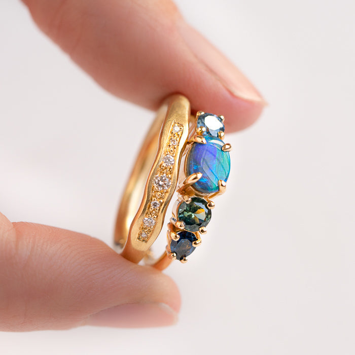 Load image into Gallery viewer, East West Opal Splice Ring in 14ct Yellow Gold, Size T and a half (In Stock)
