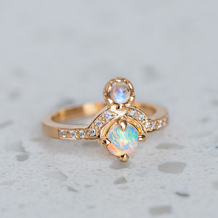 Opal And Moonstone Adina Ring in 14ct Yellow Gold, Size O and a half (In Stock)