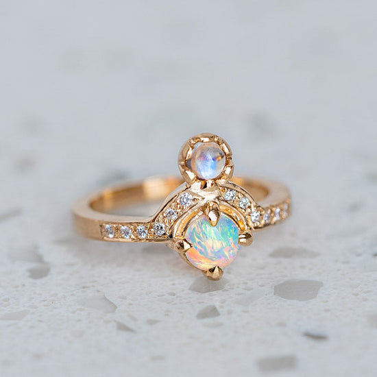 Opal And Moonstone Adina Ring in 14ct Yellow Gold, Size O and a half (In Stock)