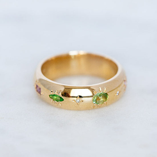 Tourmaline, Sapphire and Tsavorite Garnet Studded Band in 14ct Yellow Gold size R and a half (In Stock)