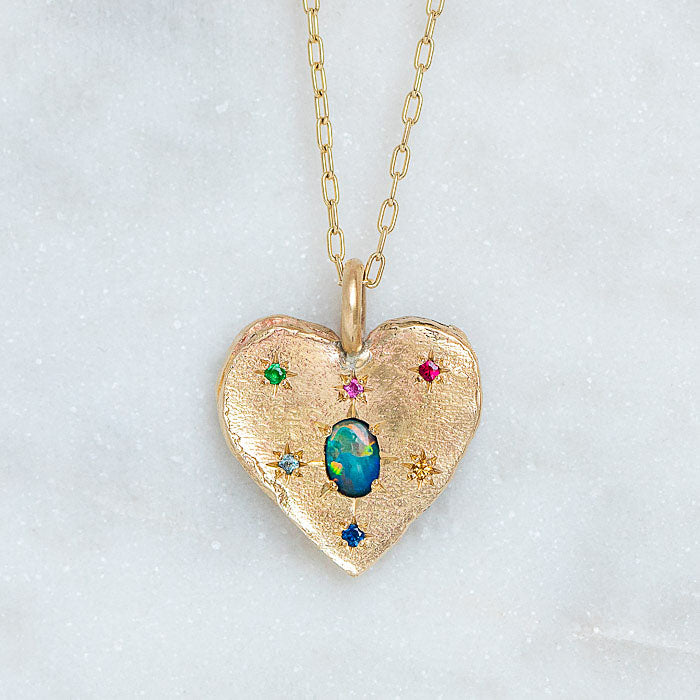 Black Opal Big Heart Necklace in 9ct Yellow Gold (In Stock)